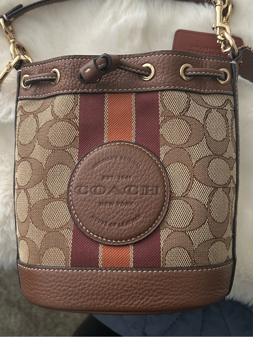 Coach Brown Signature Stripe Bucket Crossbody Bag